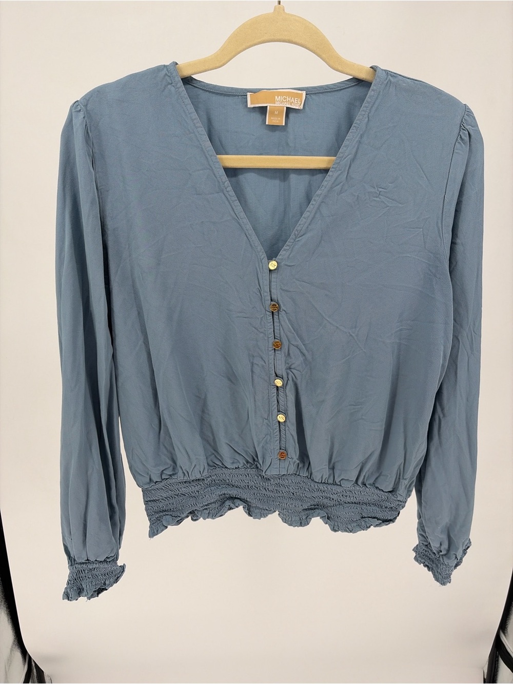 MICHAEL Michael Kors Dusty Blue V-Neck Button Blouson Top